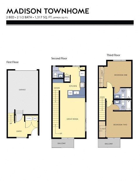Floor plan for 2 beds, 2.5 baths, 1317 sqft